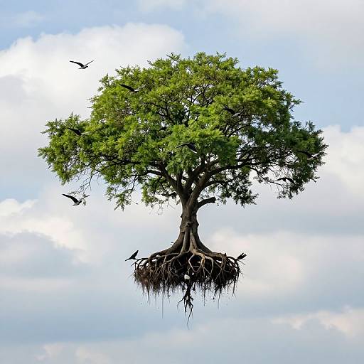 Photograph of a floating tree with lush green leaves, exposed roots, and several birds flying around, against a cloudy blue sky.