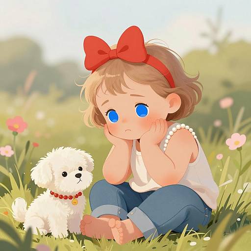 Sad Baby Girl with Puppy and Flowers