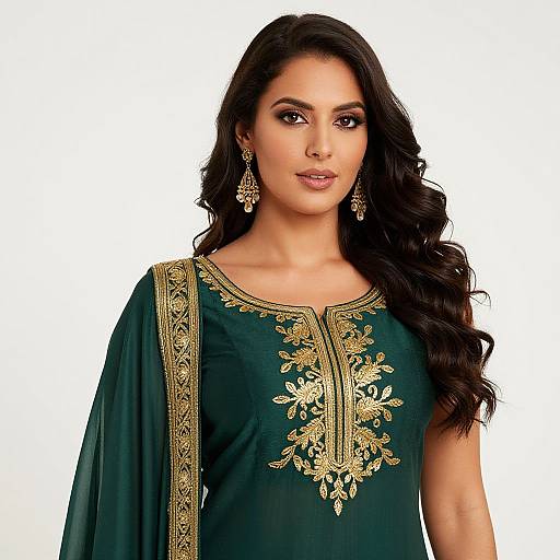 Woman in Elegant Green and Gold Outfit