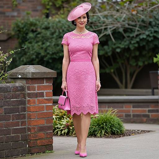 Photograph of a woman in a pink lace dress, pink fascinator, and pink heels, holding a pink handbag, standing by a brick gate