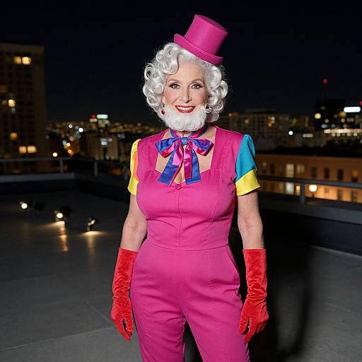 Photograph of an elderly white woman with curly white hair, pink top hat, bright pink jumpsuit, red gloves, blue-yellow sleeves, smiling against