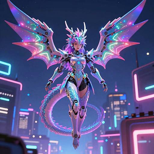 Neon-lit cyberpunk cityscape with a glowing, futuristic, purple-and-blue dragon-woman with intricate wings and tail, flying mid-air.
