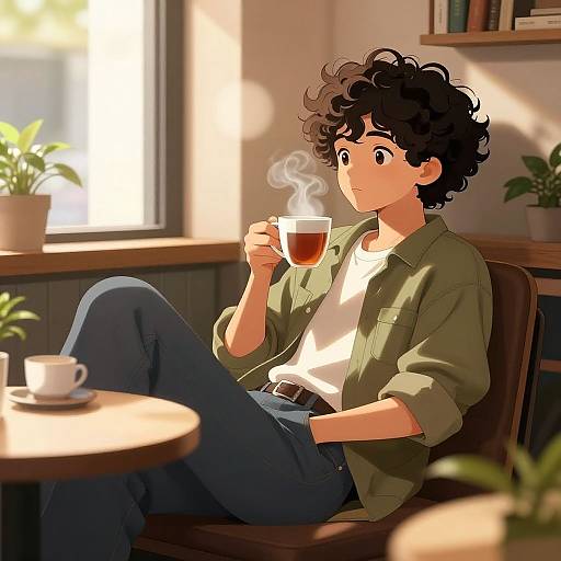 Anime-style digital drawing of a curly-haired young man in a green shirt and blue jeans, sipping tea in a sunlit café.