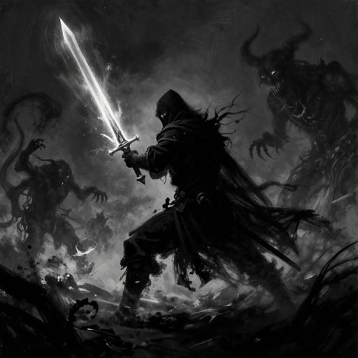 Dark, dramatic digital artwork of a hooded warrior wielding a glowing sword, surrounded by shadowy, menacing creatures in a stormy, moonlit night