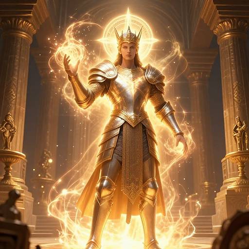 Digital artwork of a powerful, armored king with glowing crown, holding fiery magic, standing in an ornate, golden, temple-like hall.