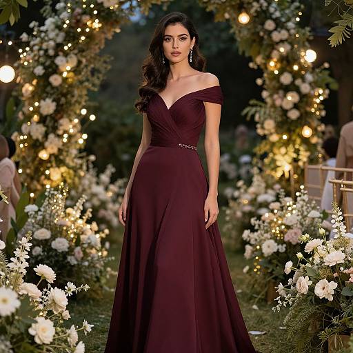 Photograph of a beautiful woman with long dark hair wearing an off-shoulder, deep purple evening gown, standing under a floral arch adorned with white