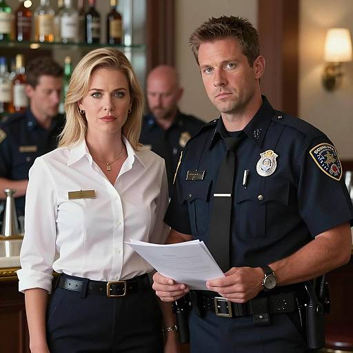 Police Officer and Woman in Bar Setting