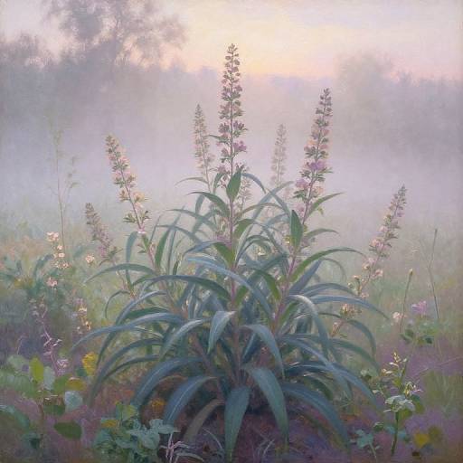 Photograph of a misty morning garden with a prominent blue-green plant with tall, purple-tipped flower spikes, surrounded by various wildflowers and grass