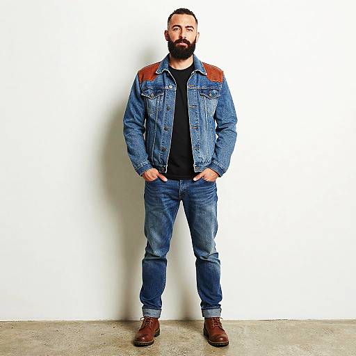 Photograph of a bearded man with a dark beard, wearing a blue denim jacket with brown leather patches, black shirt, blue jeans, and brown