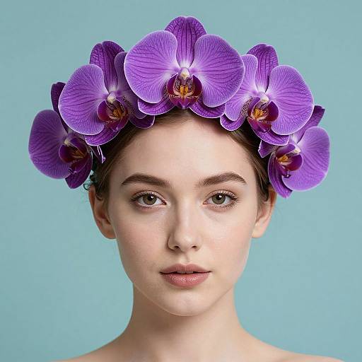 Photograph of a fair-skinned woman with green eyes, wearing a crown of vibrant purple orchids on a light blue background.