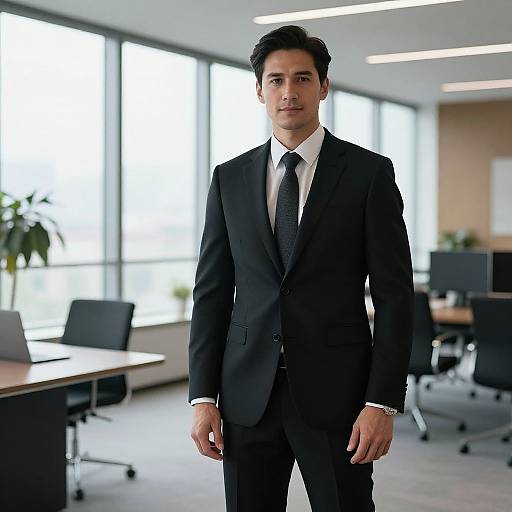 Photograph of a young, handsome South Asian man in a black suit and tie standing in a modern, well-lit office with large windows and office