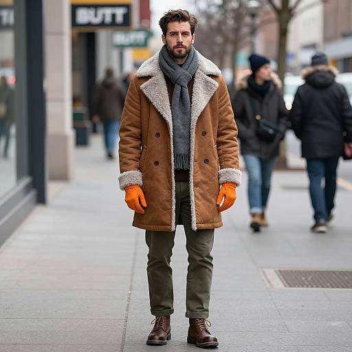 Man in Winter Fashion on City Sidewalk
