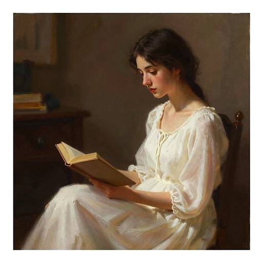Photorealistic painting of a young woman with dark hair, wearing a white, long-sleeved dress, reading a book in dimly lit room