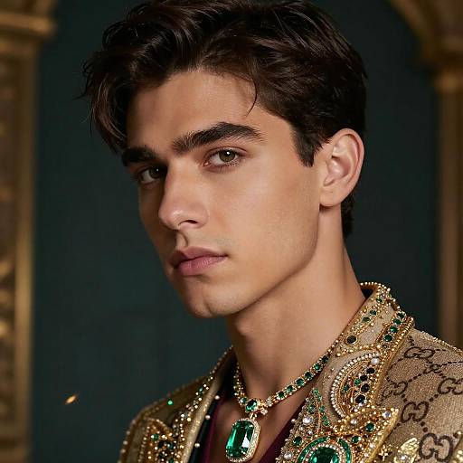 Photograph of a handsome young man with dark hair and brown eyes, wearing an ornate gold and green embroidered jacket with a matching necklace featuring a large