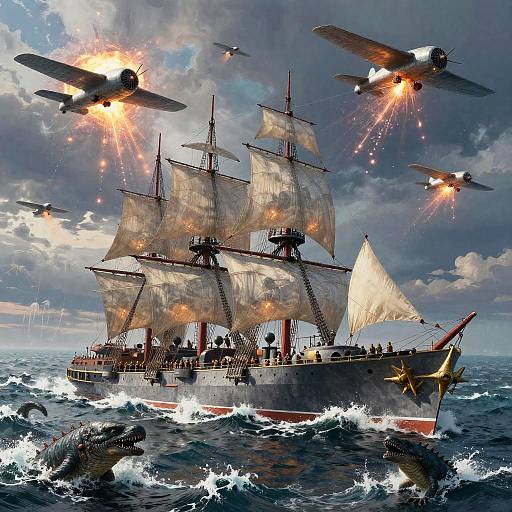 Photorealistic digital art: Warship with billowing sails under attack by four blazing fighter planes, surrounded by turbulent ocean and a submerged submarine.