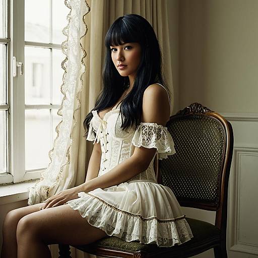 Woman in White Lace Corset Lingerie Sitting by Window