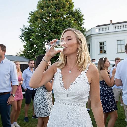 Photograph of a blonde woman in a white lace dress, drinking from a glass, standing outdoors at a social gathering with other dressed guests and a white