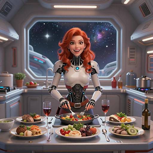 Joyous Redhead Cooking in Sci-Fi Kitchen
