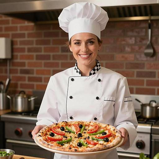 Smiling Chef with Pizza in Vibrant Kitchen