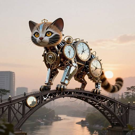 Steampunk cat with clock gears and yellow eyes stands on a bridge at sunset, cityscape in the background, digital art.