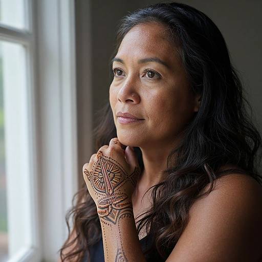 Photograph of a middle-aged Indian woman with long black hair, dark skin, and intricate henna designs on her right hand, looking thoughtfully at