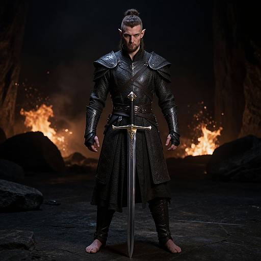 Photograph of a muscular, dark-haired male elf warrior with pointed ears, wearing black, armored clothing, and holding a sword, standing barefoot in