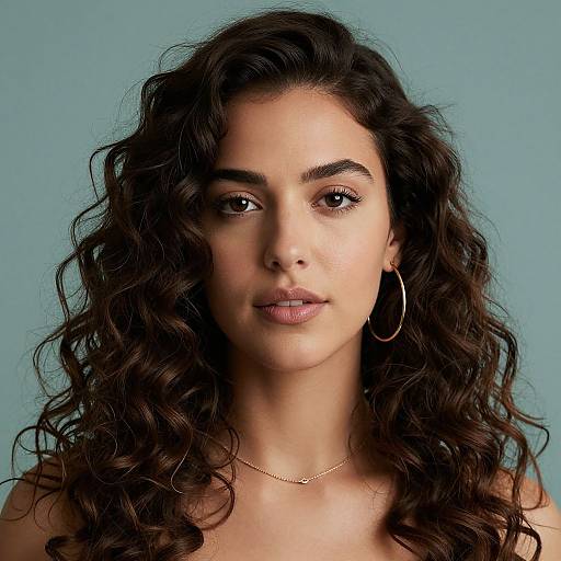 Photograph of a young woman with long, wavy dark brown hair, brown eyes, hoop earrings, and a gold necklace against a light blue background