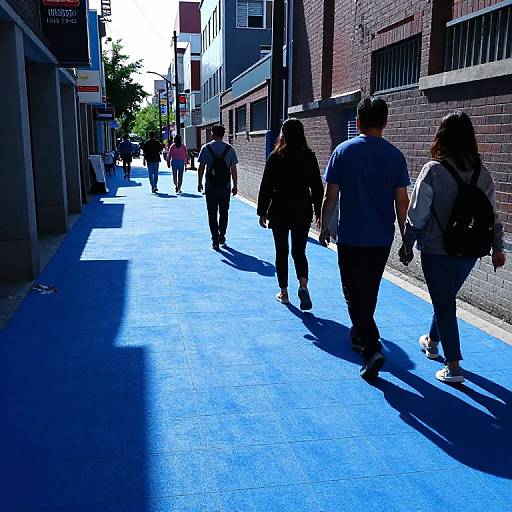 Photograph of a sunlit urban alley with bright blue pavement, shadowed people walking, brick buildings, and a clear sky in the background.
