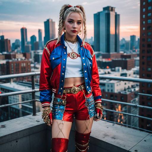 Woman in Harley Quinn Costume on City Rooftop