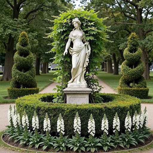 Classical Statue Amid Lush Garden Vines