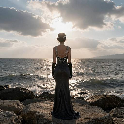 Elegant Woman on Rocky Shore at Sunset