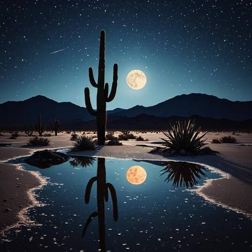 Moonlit Desert Landscape with Cactus Silhouette