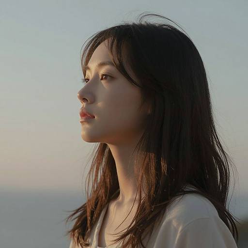 Photograph of an East Asian woman with long, dark hair, soft sunlight, and a contemplative expression, wearing a white top, against a clear