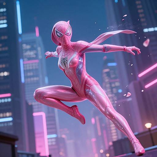 CGI image of a pink, spider-web-patterned Spider-Woman leaping in a neon-lit, futuristic cityscape with tall buildings and glowing