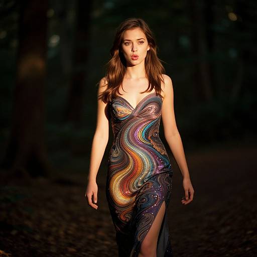 Hyperrealistic Woman Walking in Forest