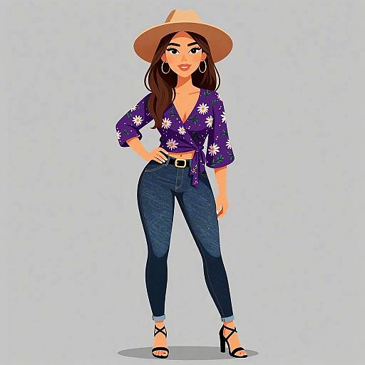 Digital illustration of a confident woman with long brown hair, wearing a sunhat, purple floral blouse, blue jeans, and black sandals. She stands with