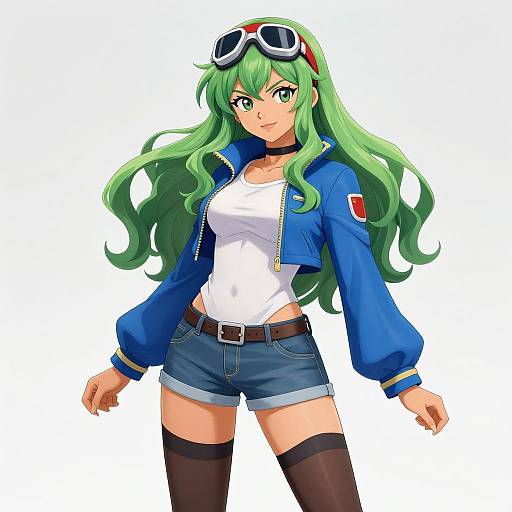 Anime-style digital drawing of a green-haired girl with goggles, wearing a blue jacket, white tank top, denim shorts, and black thigh-high stockings.