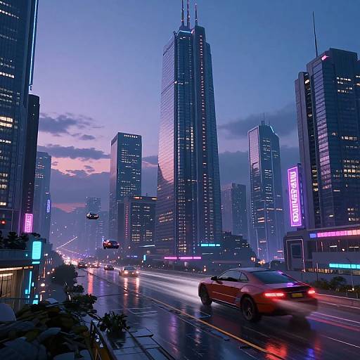 Neon-lit, futuristic cityscape at dusk with towering skyscrapers, glowing signs, rain-slicked street, and speeding red car;