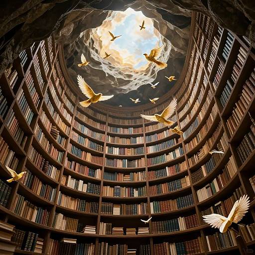 Photograph of a grand, circular library with towering bookshelves, illuminated by a glowing, cloudy skylight, with golden birds flying.