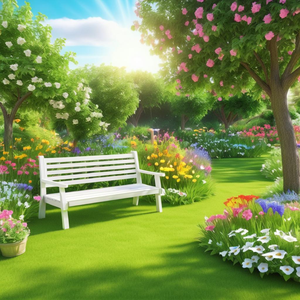 Vibrant Garden with Wooden Bench Scene