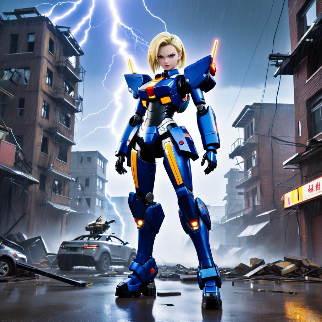 Mecha Android 18 in Stormy Urban Ruins