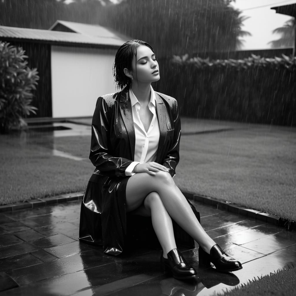 Elegant Woman in Rainy Backyard Portrait