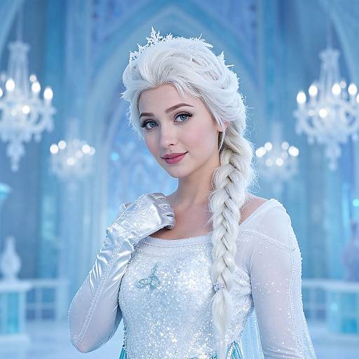 Digital illustration of a beautiful, fair-skinned, blonde woman with braided hair, wearing a sparkling white dress and gloves, standing in a blue,