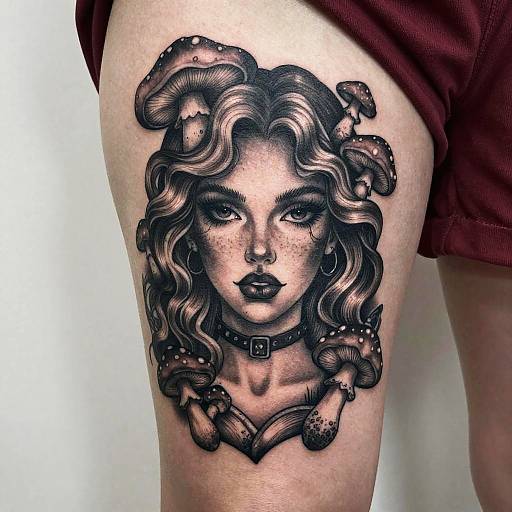 Black and Gray Fantasy Thigh Tattoo