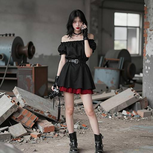 Pale Woman in Black Dress in Ruins