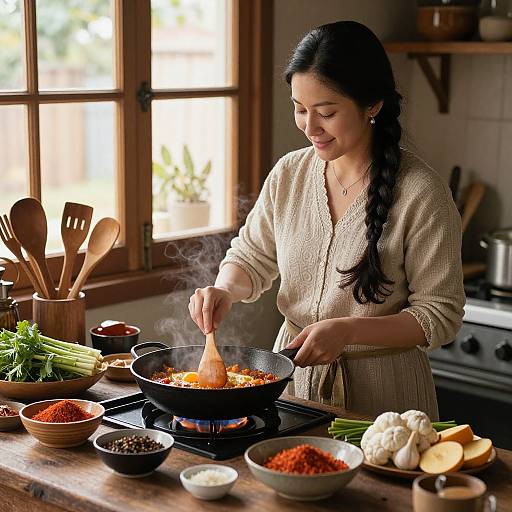 Photograph of an Indian woman with long black hair in a braid, wearing a beige traditional dress, cooking in a sunlit kitchen, stirring a