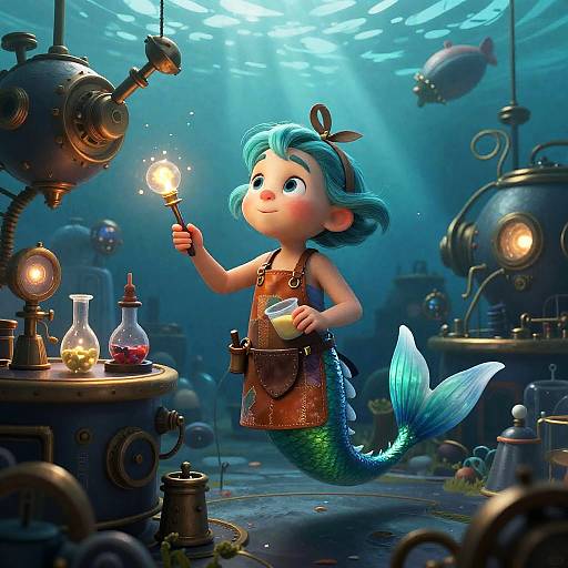 Whimsical Mermaid Inventor in Steampunk Lab