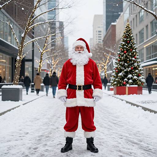 Photograph of Santa Claus in red suit, white fur trim, black belt, boots, standing in snowy city street with decorated Christmas tree and blurred pedestrians