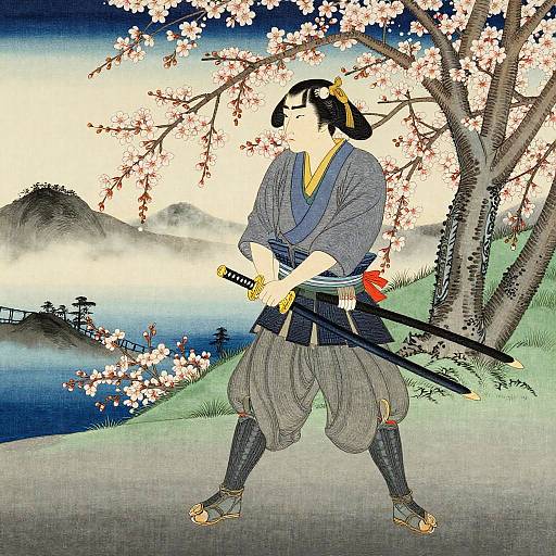 Elegant samurai in traditional blue kimono, black hakama, and sandals, holding a sheathed katana, stands under cherry blossoms beside