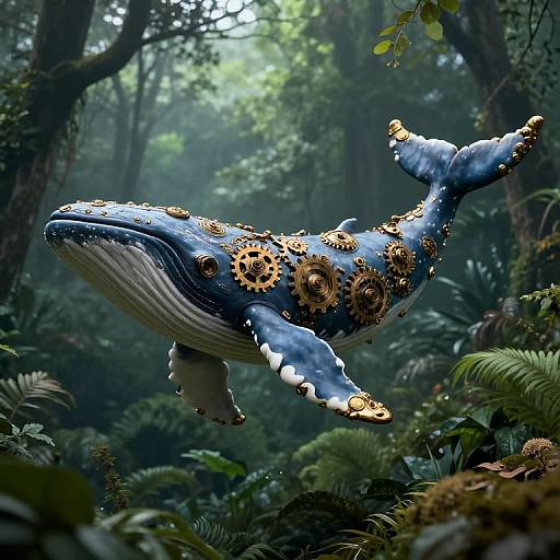 Steampunk Whale in Misty Forest